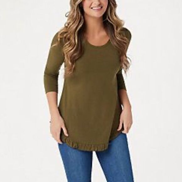 Isaac Mizrahi Live! 3/4-Sleeve Ruffle Curved Hem Knit Top - Picture 1 of 5